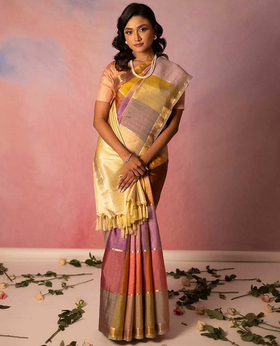Multi-colorblock kanchipuram designer silksaree with zari design,zari border of dhavana kodi & pallu of intricate design