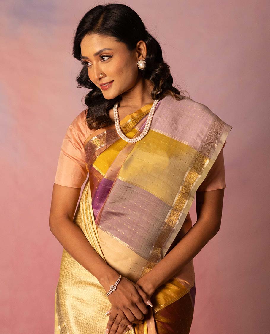 Multi-colorblock kanchipuram designer silksaree with zari design,zari border of dhavana kodi & pallu of intricate design