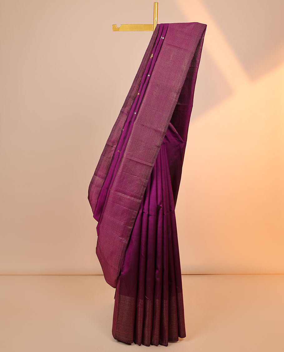 Purple kanchipuram silk saree with zari buttas, temple zari striped border & pallu of zari stripes & check designs