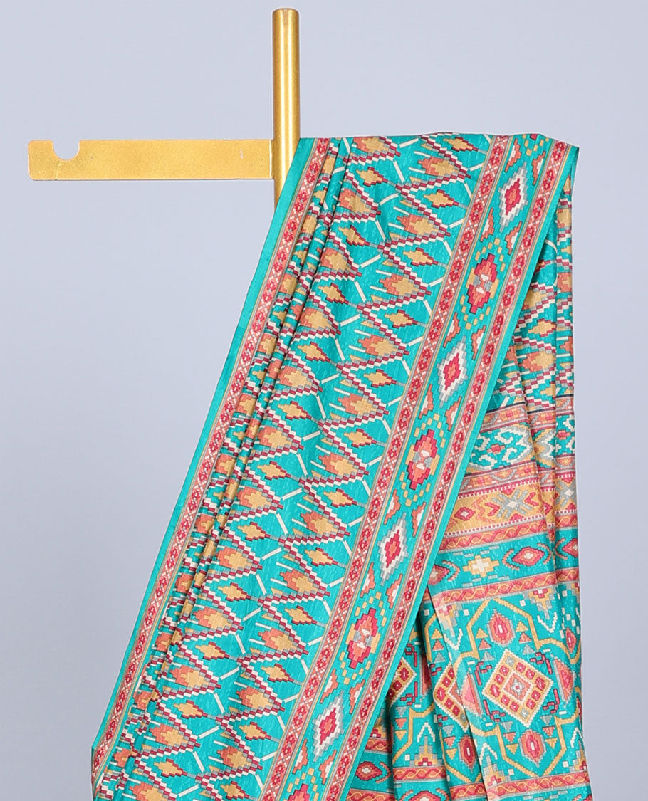 Green geometric printed semi-banaras printed saree, self-border & pallu of geometric patterns
