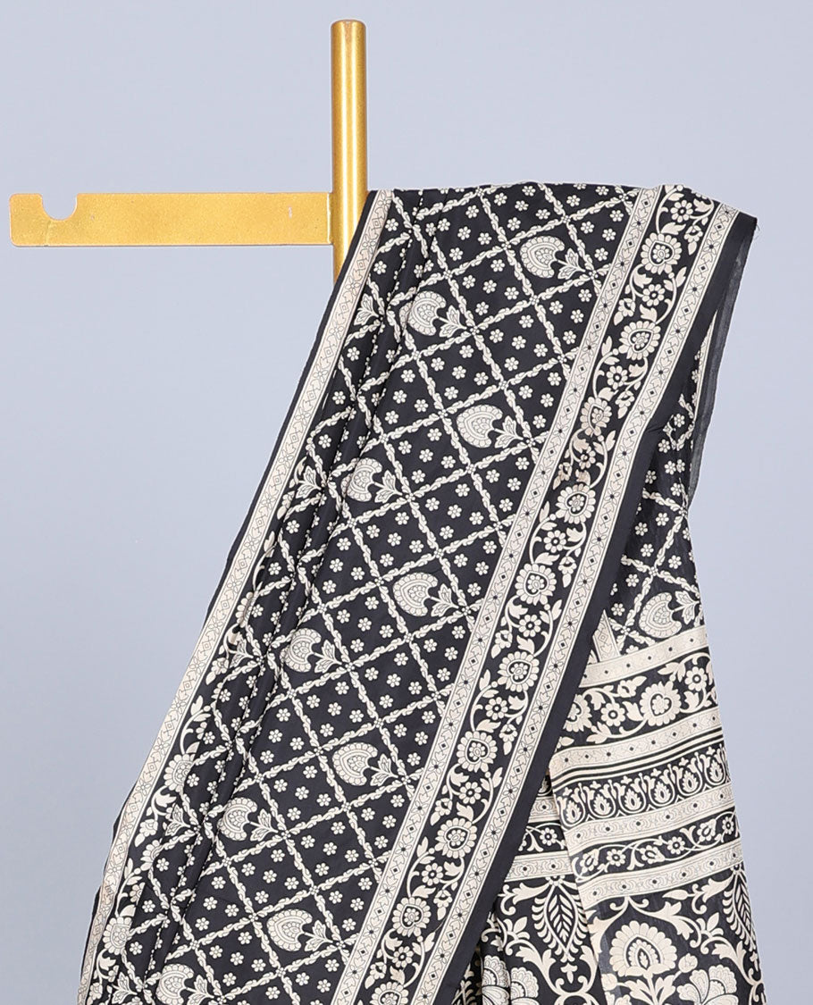 Black flower butta enclosed diamond patterns printed semi-banaras printed saree, self-border & pallu of floral print