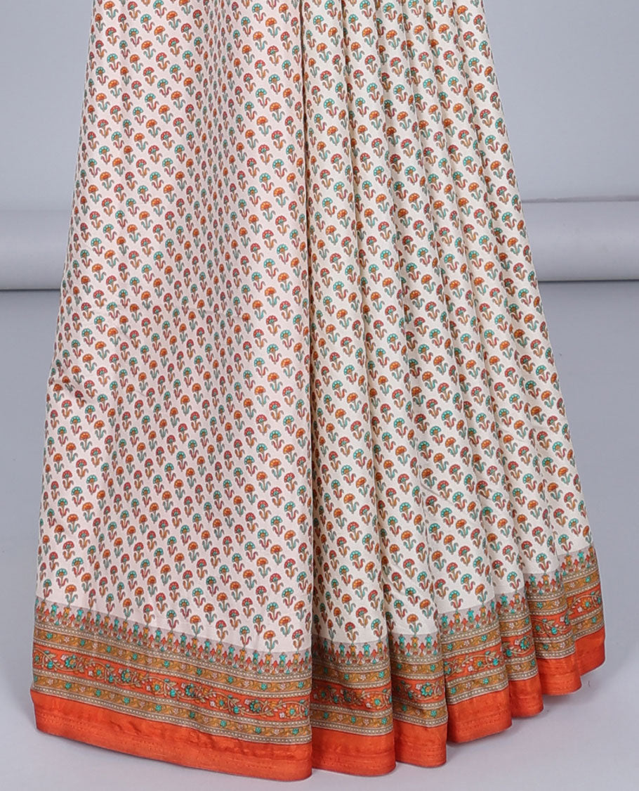 Off-white floral motifs printed semi-banaras printed saree, contrast border & pallu of multi-color floral print
