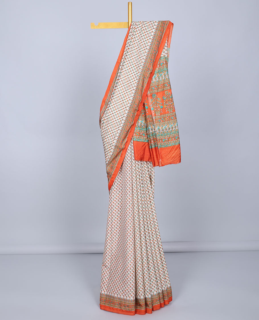 Off-white floral motifs printed semi-banaras printed saree, contrast border & pallu of multi-color floral print