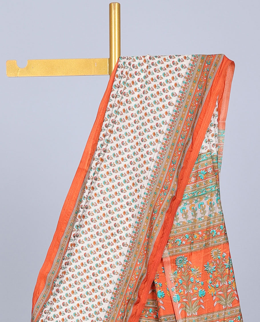 Off-white floral motifs printed semi-banaras printed saree, contrast border & pallu of multi-color floral print