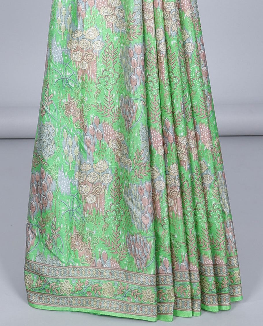 Green floral printed semi-banaras printed saree, self-border & pallu of floral print