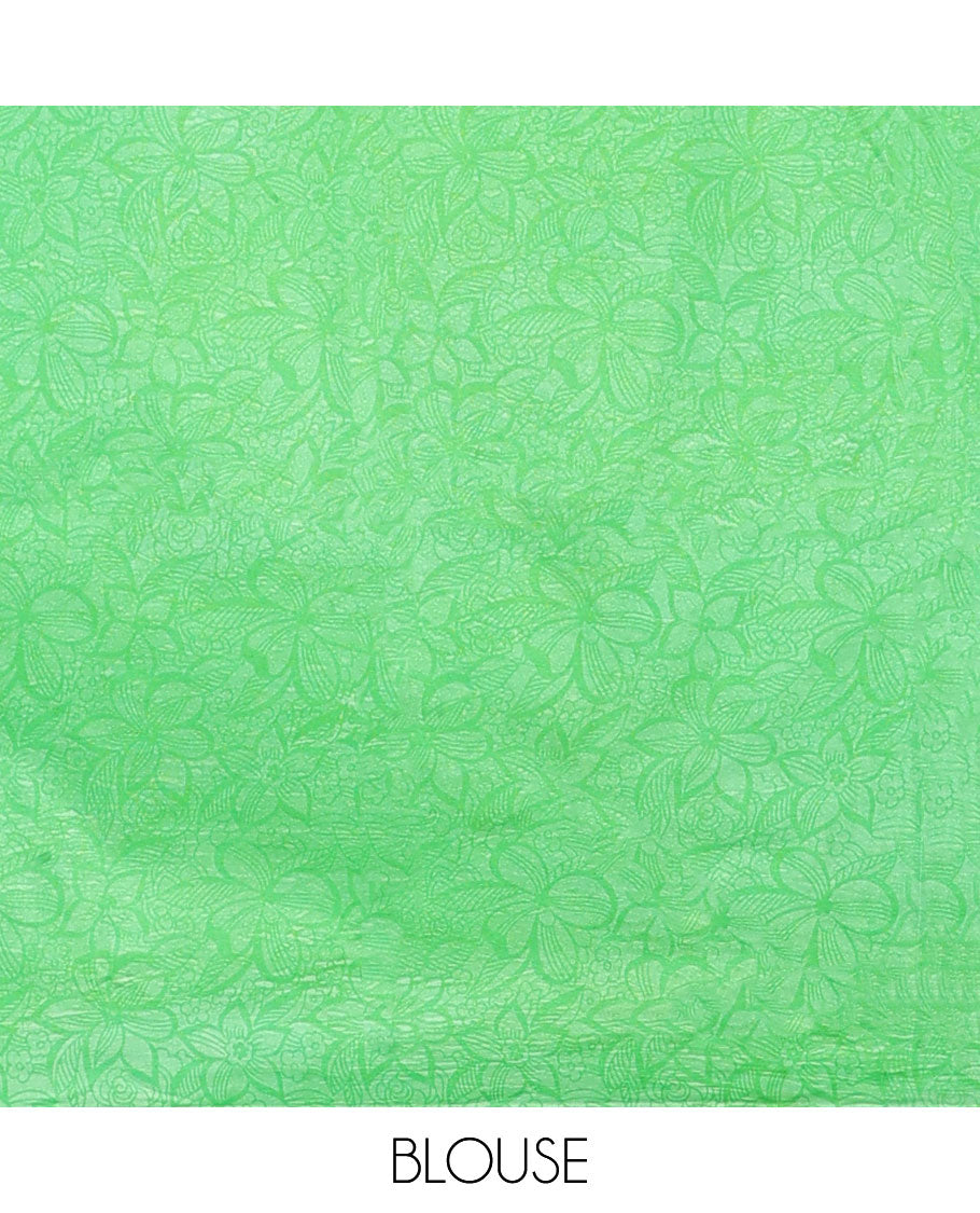 Green floral printed semi-banaras printed saree, self-border & pallu of floral print