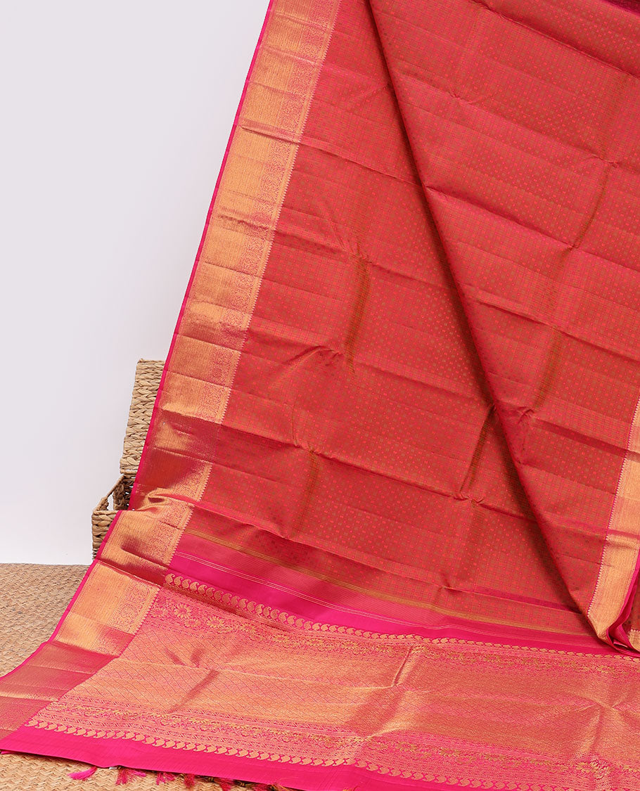 Orange embossed silksaree,contrast jaal design pallu & border of thilakam mokku,kathir,mayil & zari stripes