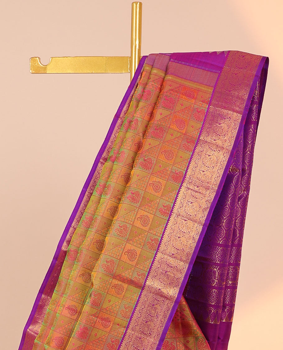 Green mayil chakram embossed silk mix saree, contrast jaal pallu & border of rekku,kathir,kodi visiry & mayil