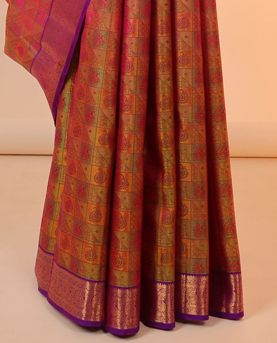Green mayil chakram embossed silk mix saree, contrast jaal pallu & border of rekku,kathir,kodi visiry & mayil