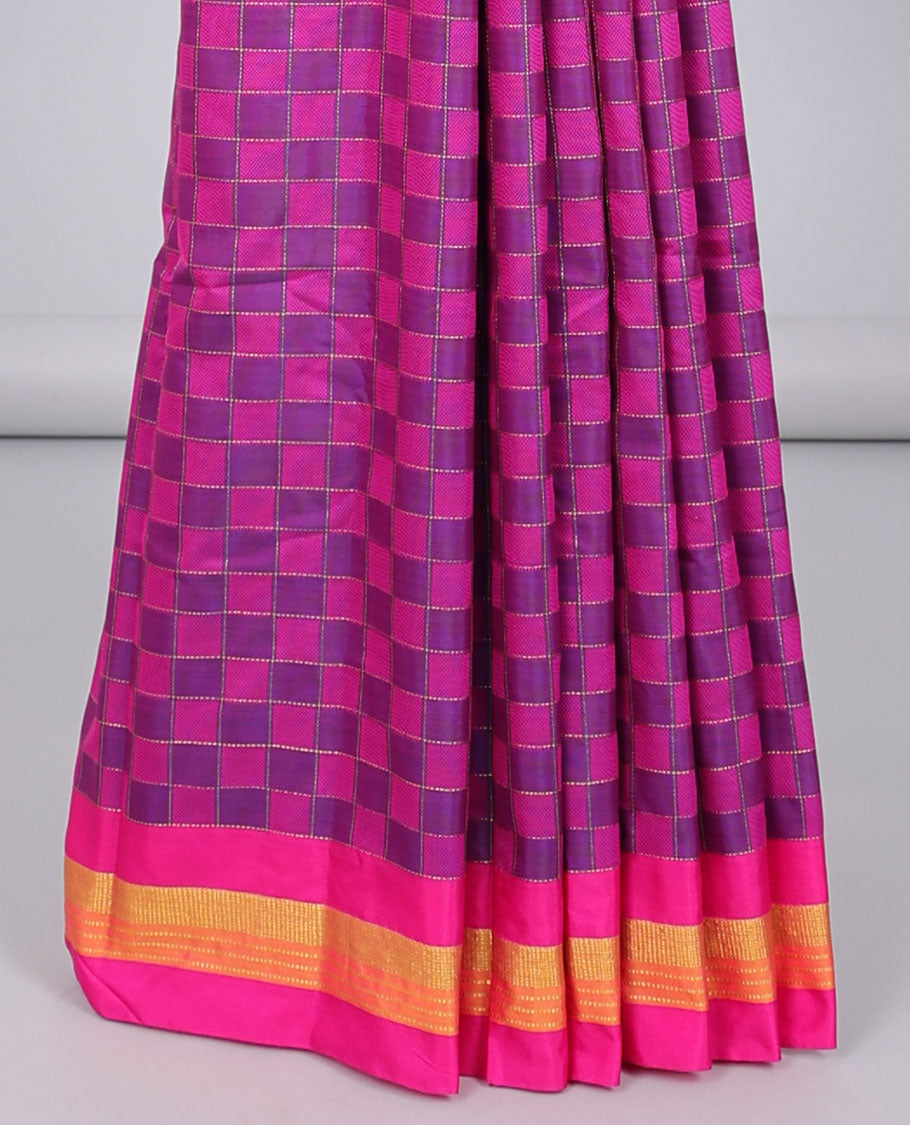 Violet & pink checked aarani gift saree with zari buttas, contrast zari design border & checked pallu of stripes