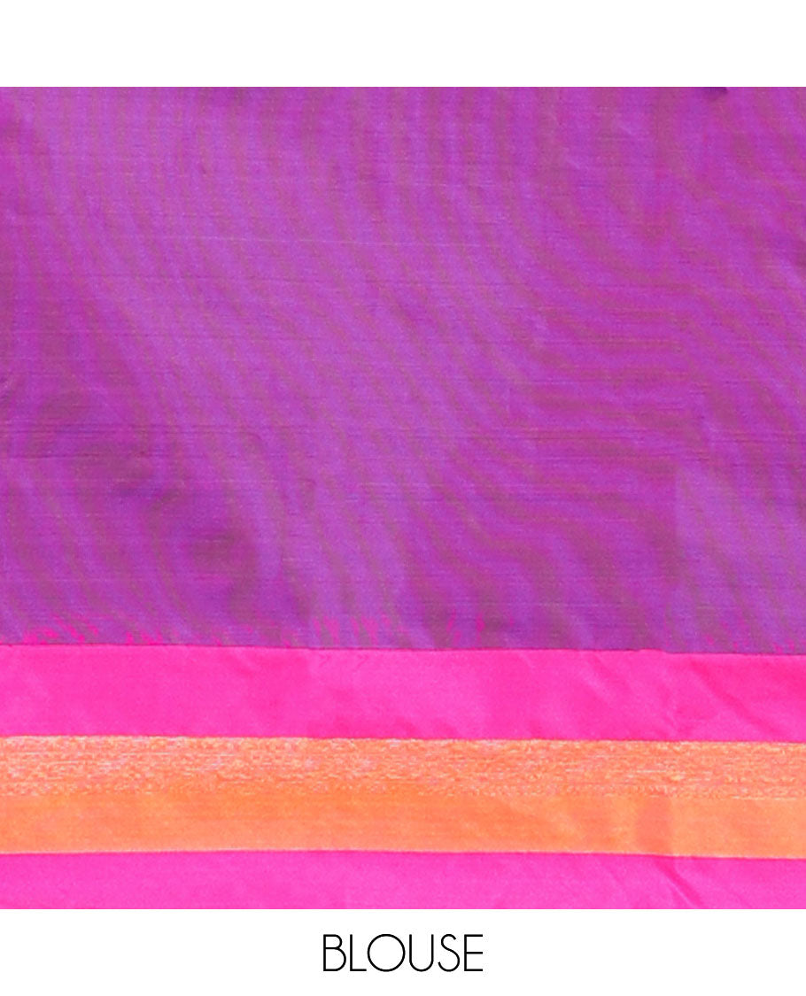 Violet & pink checked aarani gift saree with zari buttas, contrast zari design border & checked pallu of stripes