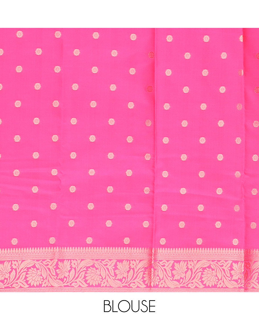 Pink butter silk saree with zari buttas, floral creeper zari border & pallu of diagonal floral creeper design