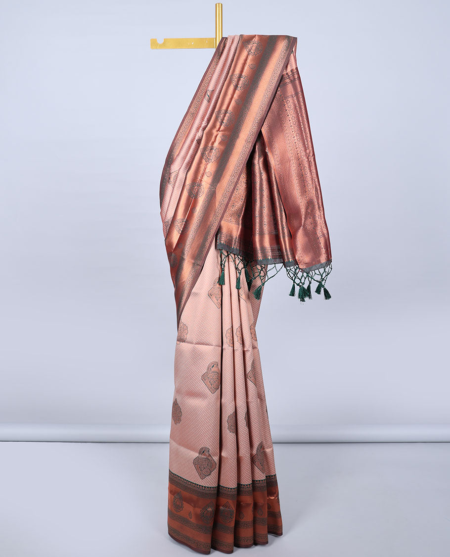 Gold jacquard butter silk saree, contrast zari design border & pallu of intricate zari designs