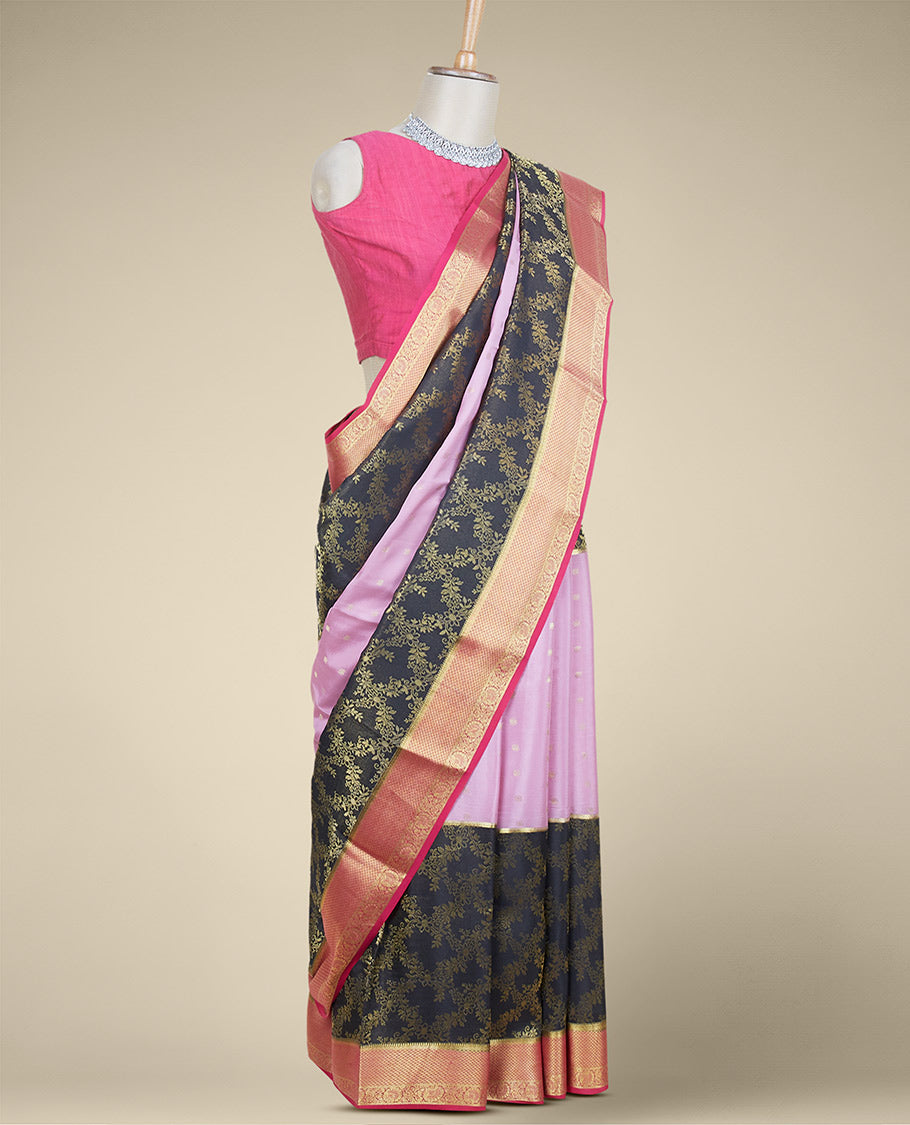 Black jaal design & zari buttas mysore silksaree, contrast traditional design zari border & pallu of intricate designs