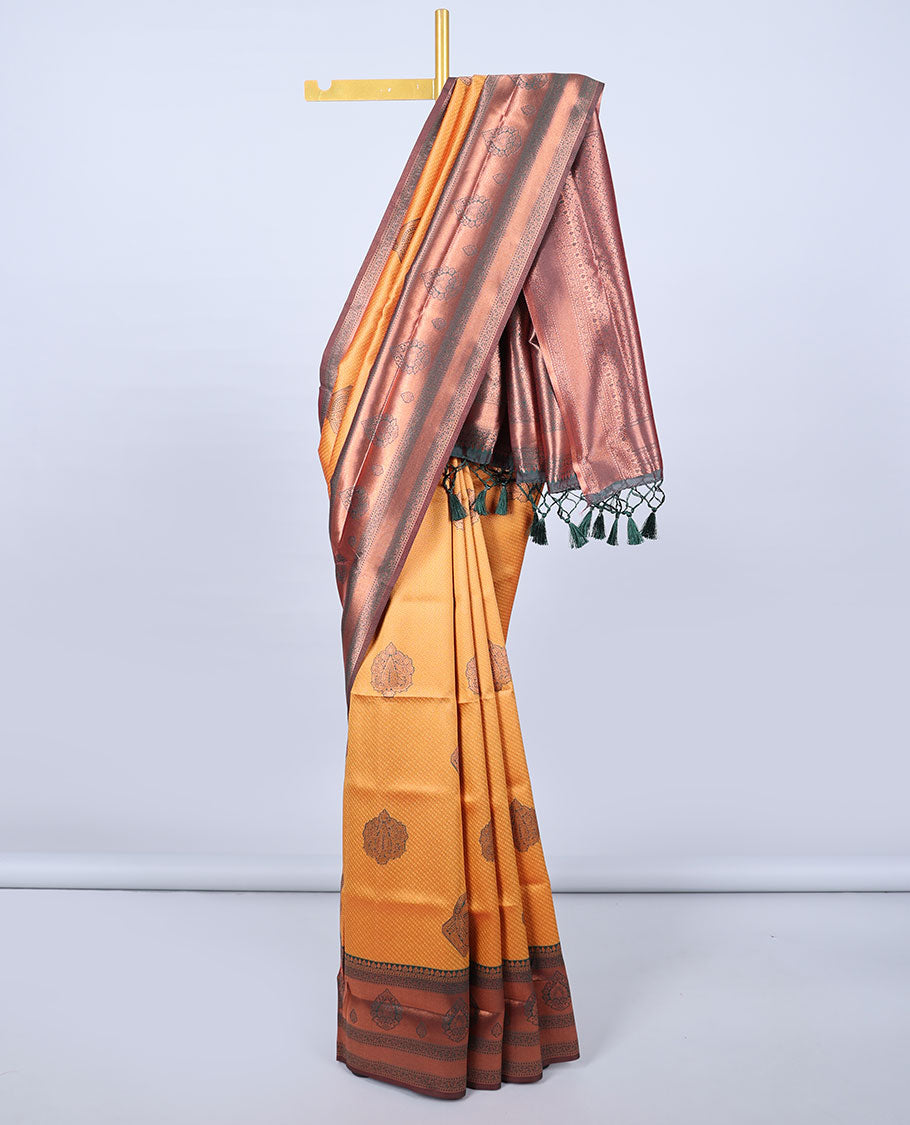 Orange jacquard butter silk saree, contrast zari design border & pallu of intricate zari designs