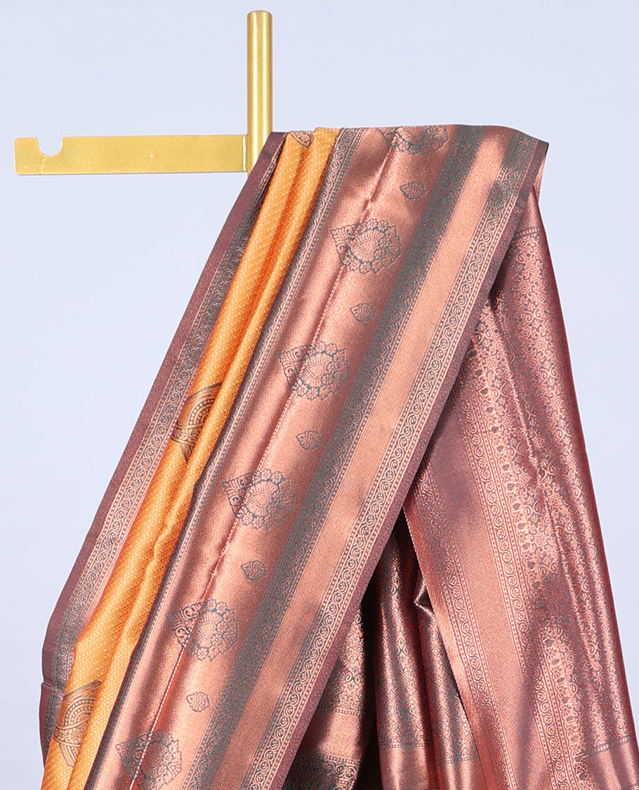 Orange jacquard butter silk saree, contrast zari design border & pallu of intricate zari designs