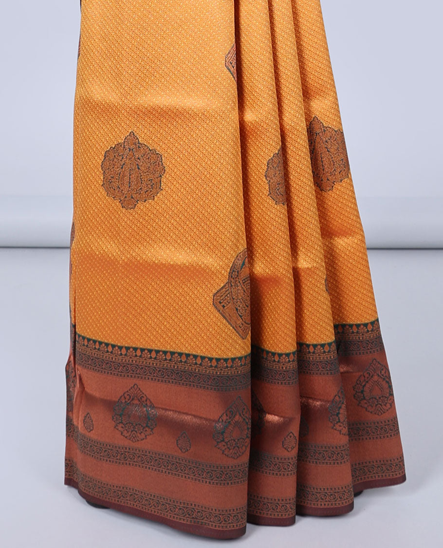 Orange jacquard butter silk saree, contrast zari design border & pallu of intricate zari designs