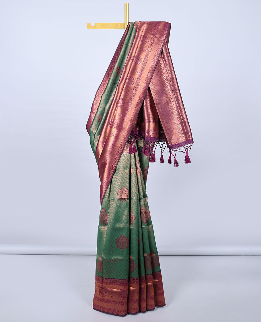 Green jacquard butter silk saree, contrast zari design border & pallu of intricate zari designs