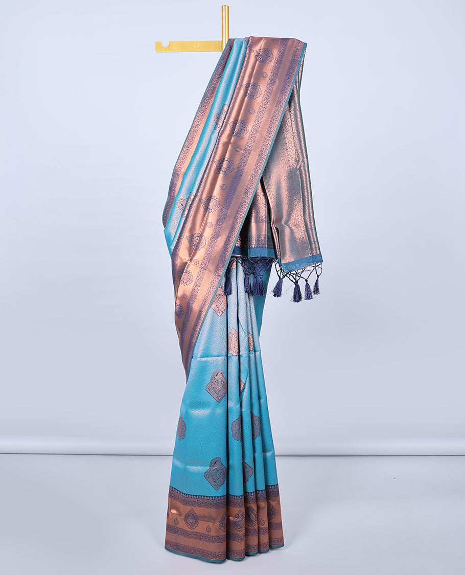 Blue jacquard butter silk saree, contrast zari design border & pallu of intricate zari designs