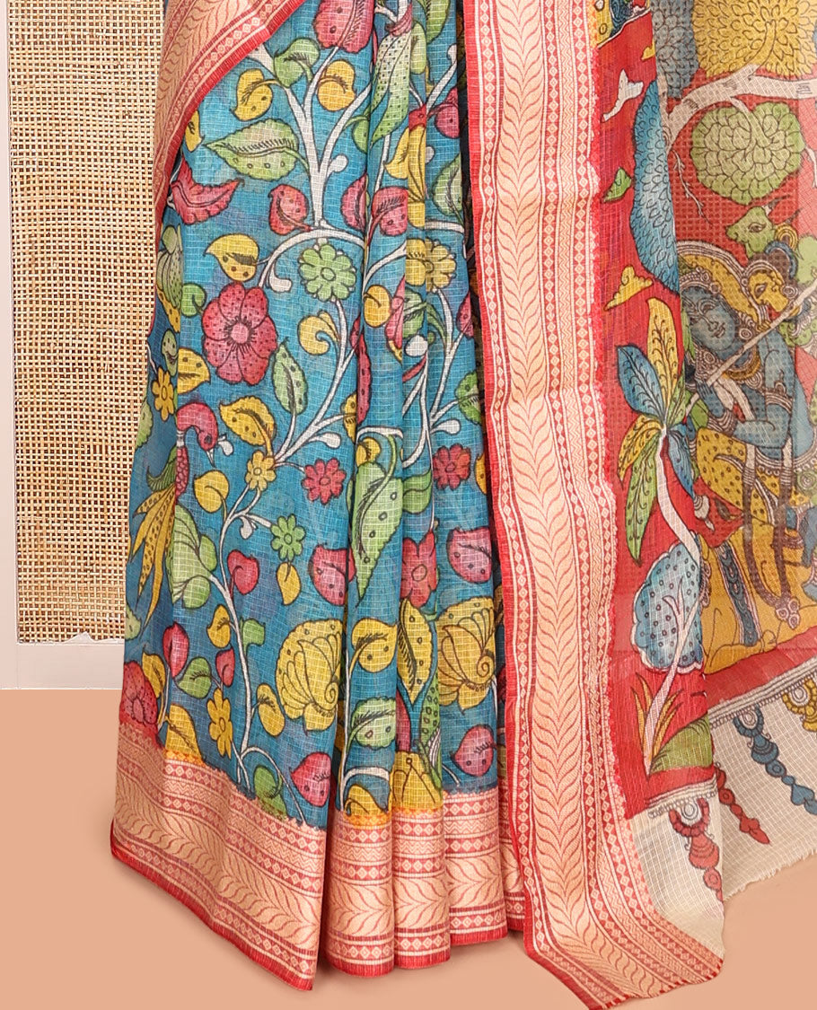Blue Kalamkari Silk Saree, Bedecked with Floral Vine Print, a Contrast Traditional Border, Pallu of Radha Krishna and Gopis, and a Contrast Blouse