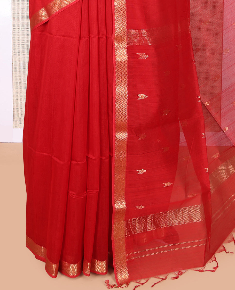 Red Maheshwari Cotton Saree, Accentuated with Buttas, Highlighted by a Chevron Zari Border, Pallu of Zari Buttas, and a Matching Blouse
