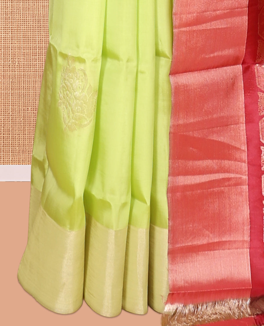 Green Semi Uppada Saree, Decked Up with Zari Buttas, a Bavanji Border, Contrast Intricate Pallu, and a Contrast Blouse