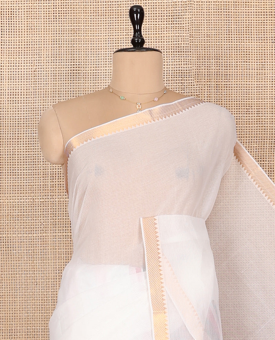 White Plain Andhra Cotton Saree, Mesmerized with Temple Zari Border, Contrast Striped Pallu, and a Contrast Blouse