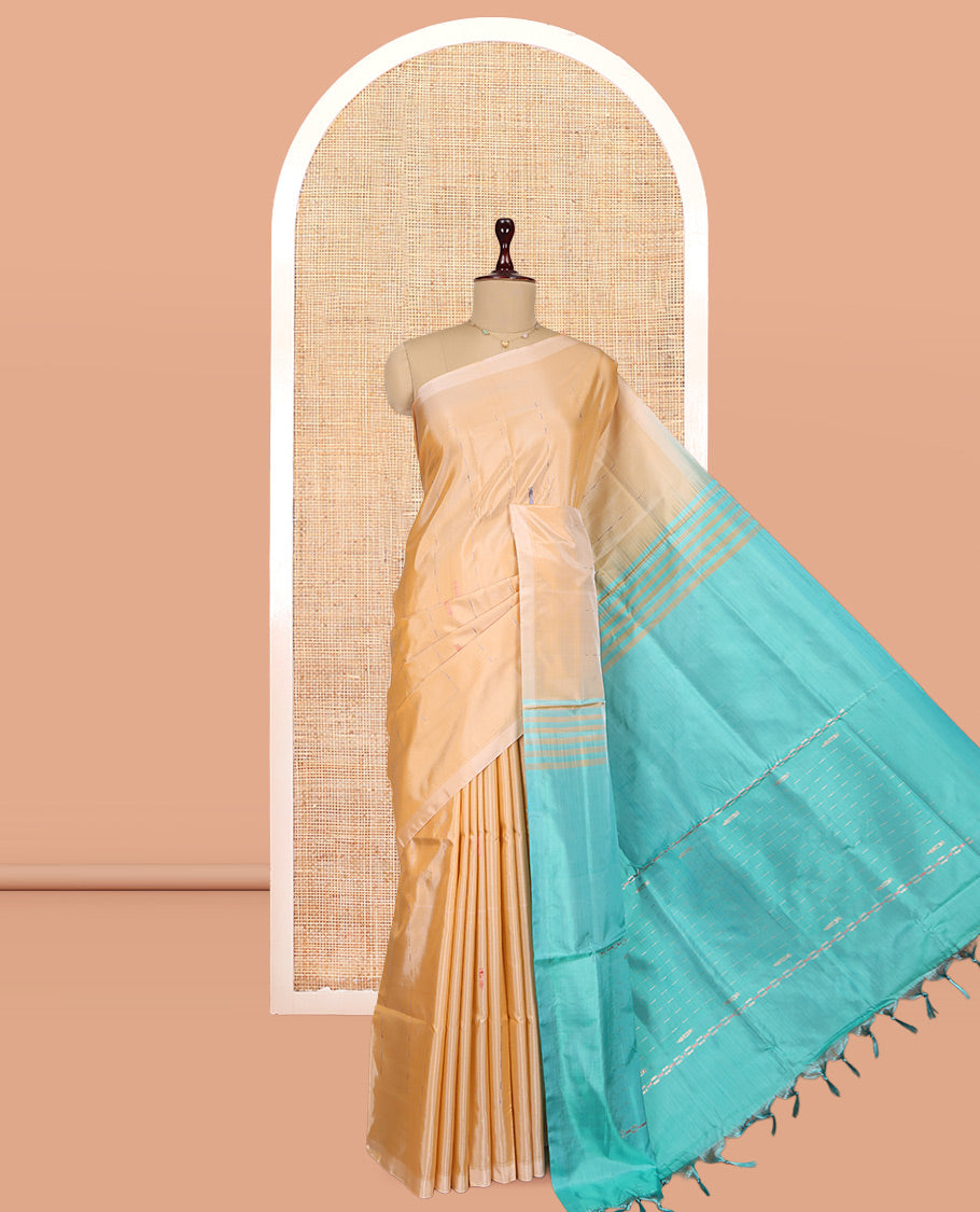 Borderless Sandal Banana Pith Saree, Woven with Stripes and Buttas, Complemented by a Contrast Pallu of Stripes and Buttas, and a Contrast Blouse