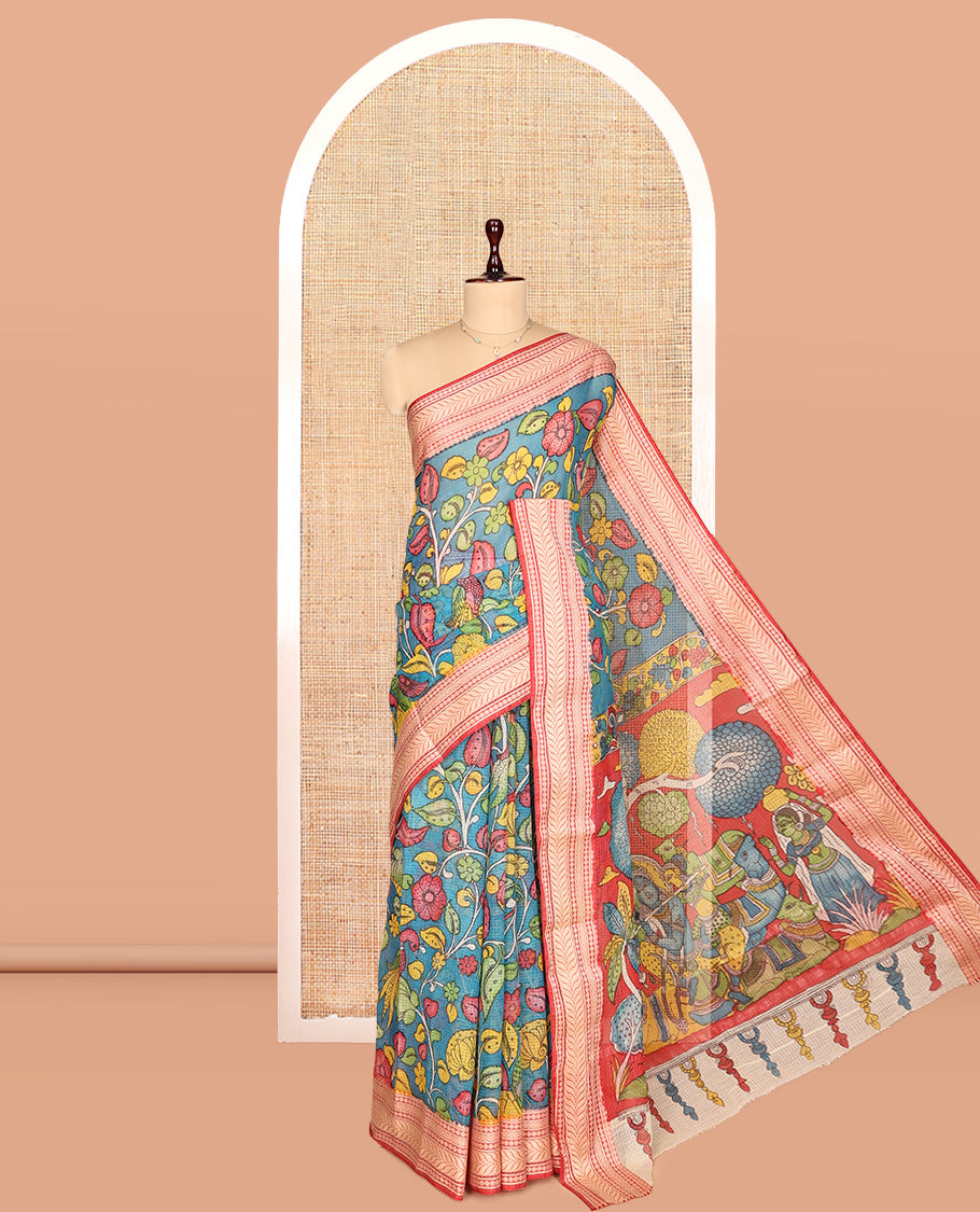 Blue Kalamkari Silk Saree, Bedecked with Floral Vine Print, a Contrast Traditional Border, Pallu of Radha Krishna and Gopis, and a Contrast Blouse