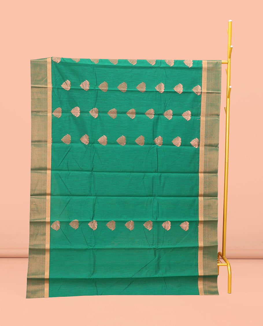 Green Semi-Silk Cotton Saree, Highlighted by Zari Buttas All Over Its Body, Highlighted by a Zari Border, Pallu of Intricate Zari Design, and Paired with a Matching Blouse