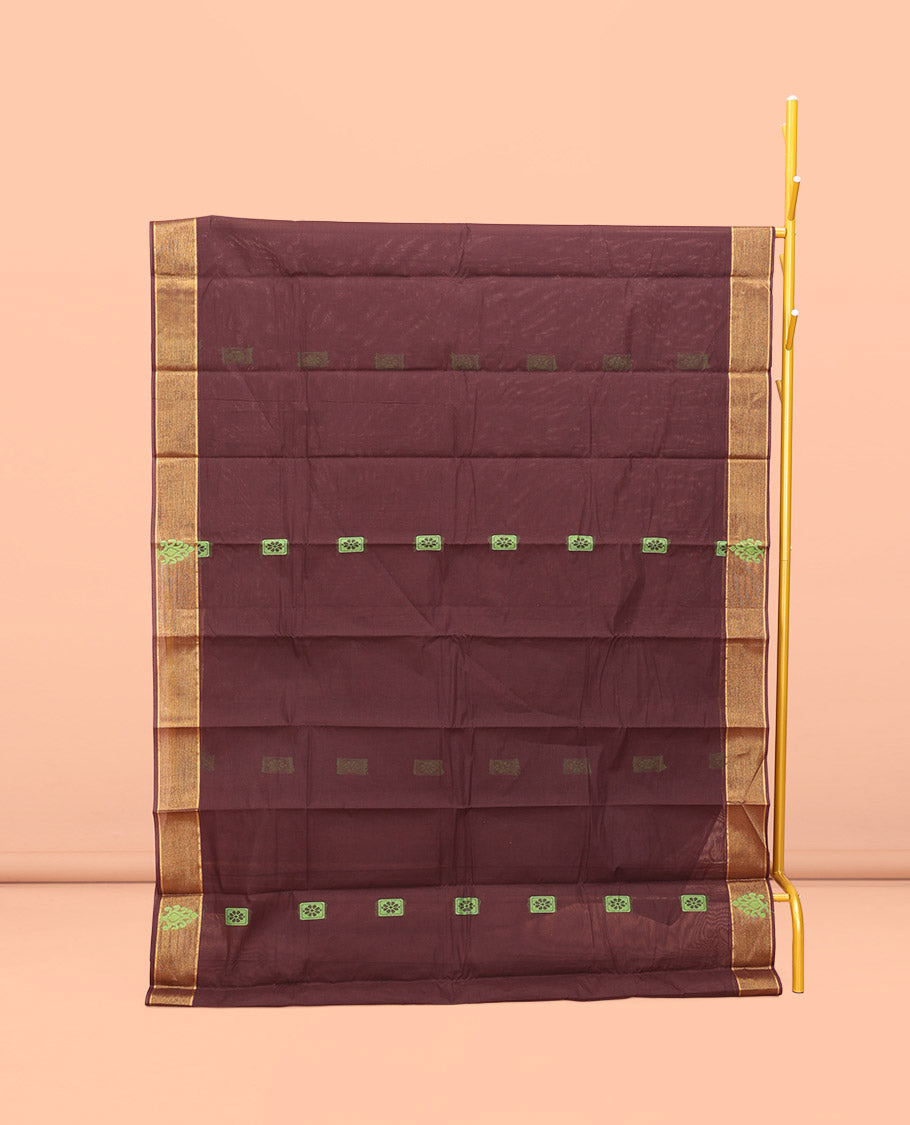 Brown Kanchi Cotton Saree, Detailed with Buttas All Over Its Body, Complemented by Contrast Border, Pallu of Geometric Designs, and Paired with a Matching Blouse