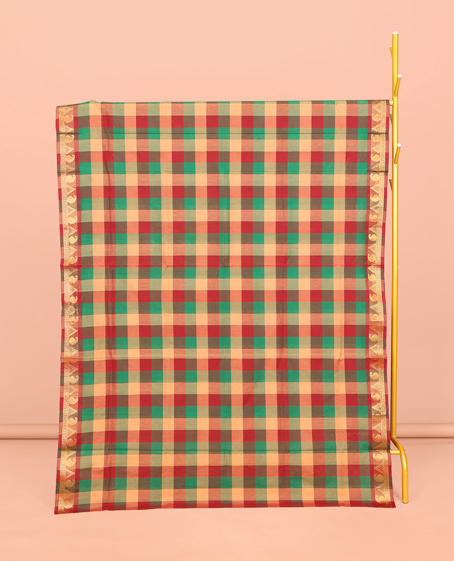 Multi-Color Chettinad Cotton Saree, Decked Up with Checks, Highlighted by Traditional Paisley-Temple Border, Striped Pallu, and No Blouse