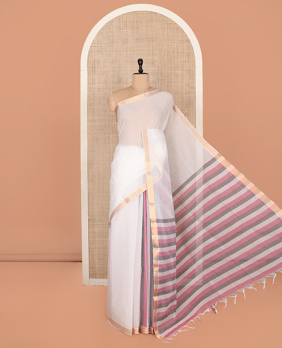 White Plain Andhra Cotton Saree, Mesmerized with Temple Zari Border, Contrast Striped Pallu, and a Contrast Blouse