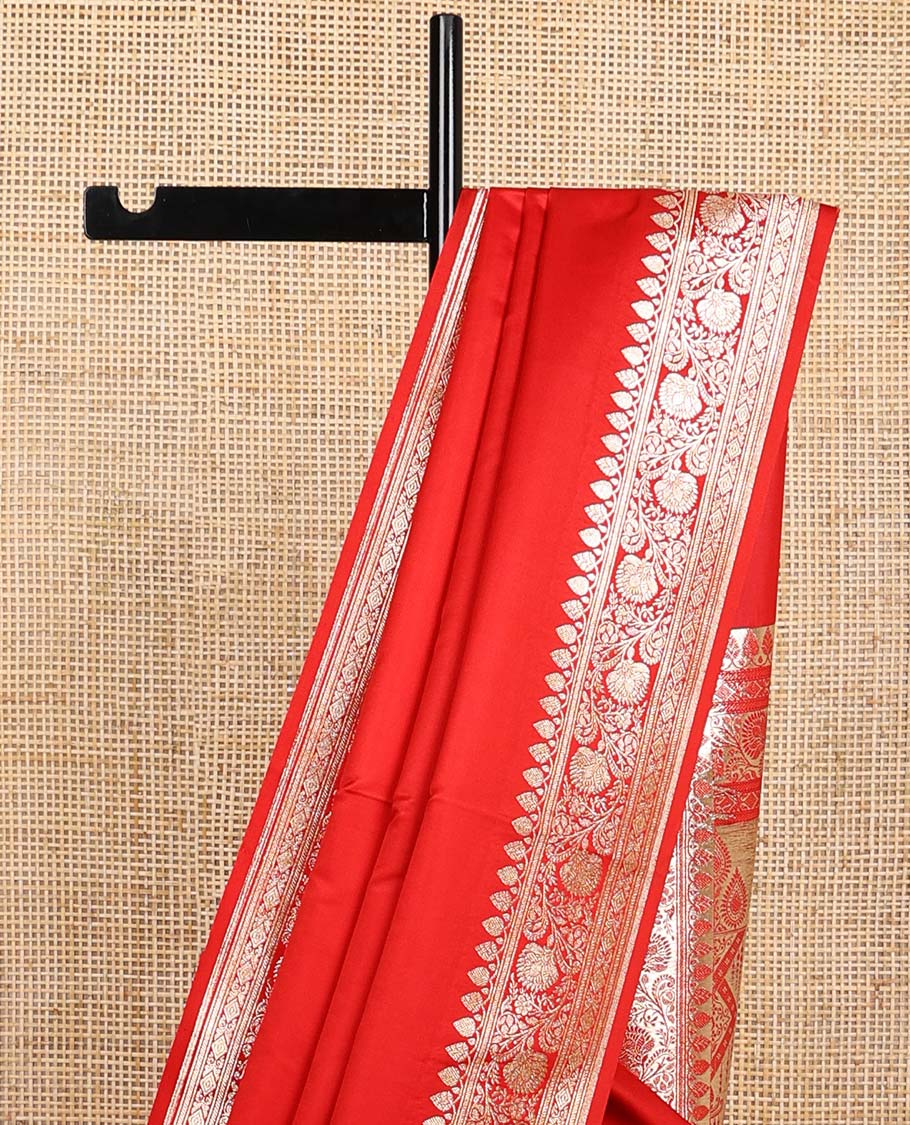 Red semi banaras nylon saree with self floral design border & floral design pallu