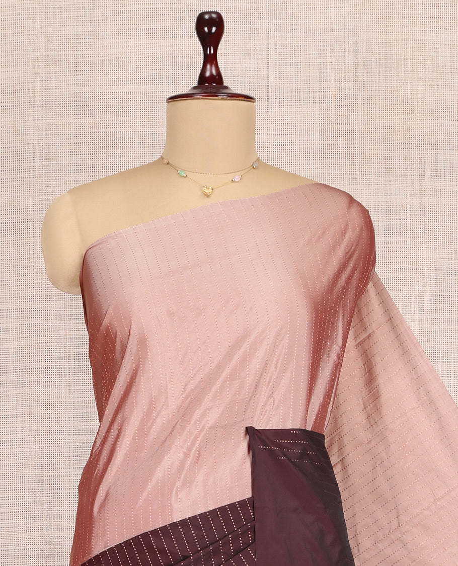 Borderless Peach-Brown Arani Saree, Crafted with Zari Stripes, a Self-Pallu, and a Matching Blouse
