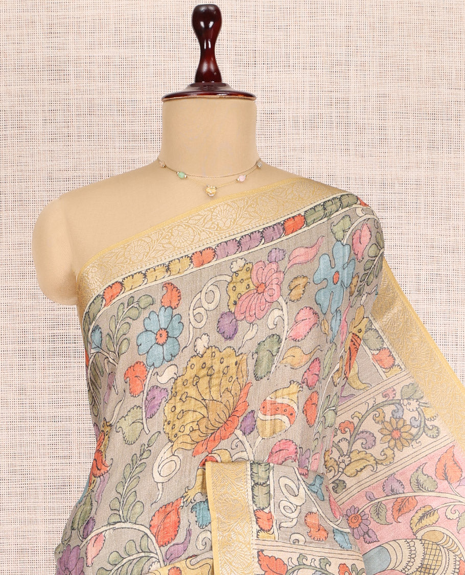 Grey Kalamkari Printed Fancy Tussar Saree