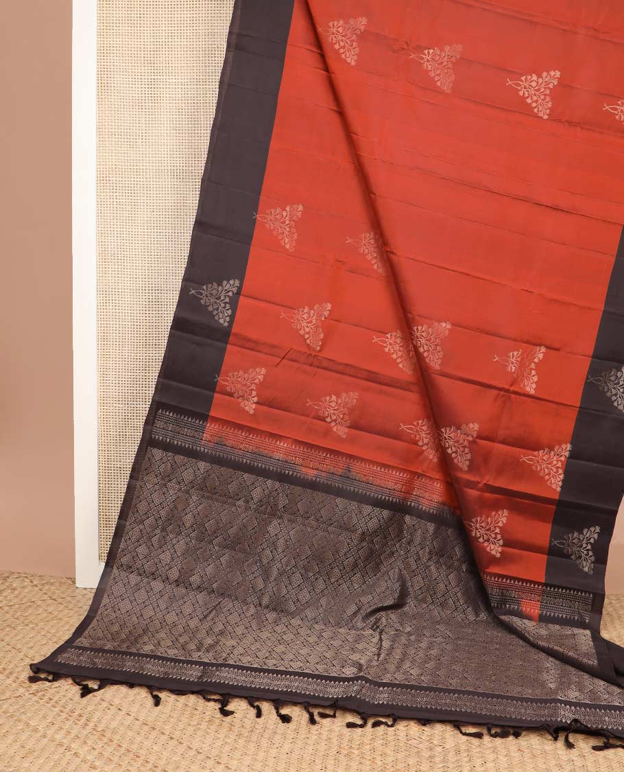 Orange floral zari buttas silk mix saree, contrast floral zari buttas border & pallu of jaal designs