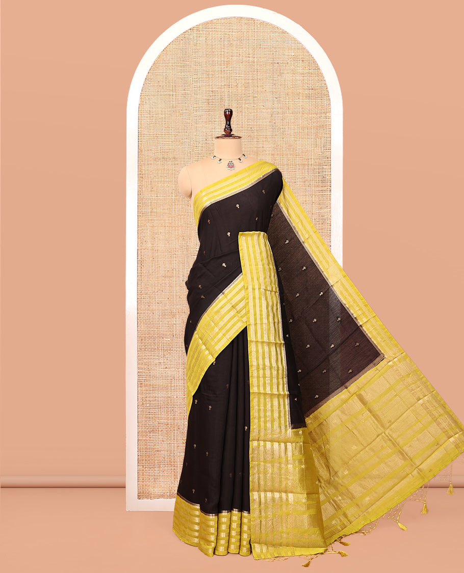 Black Assam Silk Saree, Delicately Woven with Zari Buttas, Complemented by Contrast Traditional Zari Border, Striped Pallu, and a Contrast Blouse