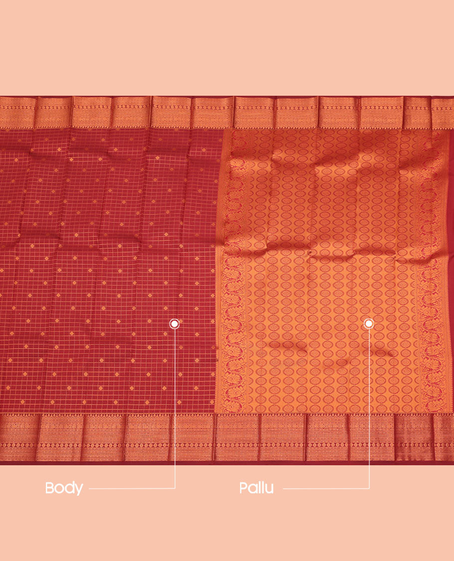 Maroon Budget Silk Saree, Spotlighted with Zari Buttas and Checks All Over Its Body, Highlighted by a Traditional Zari Design Border, Grand Pallu, and Paired with a Matching Blouse