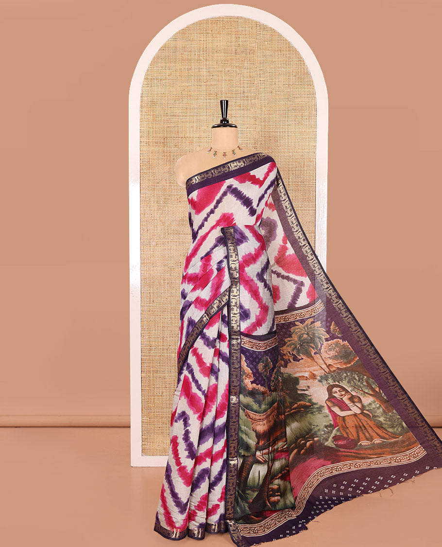 Purple Muslin Cotton Saree Adorned with Zig-Zag Shibori Patterns Prints, Complemented by a Contrast Border of Deer Motifs in Zari, Pallu Decked Up with Scenery Print, and Paired with a Contrast Polka Dots Printed Blouse