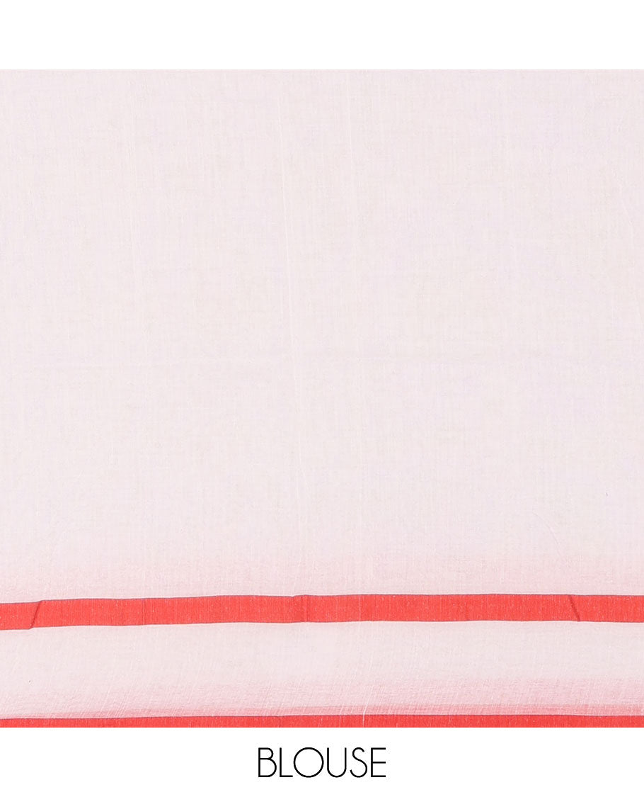 Cream Plain Khadi Mul Cotton Saree, Highlighted by Red Striped Border, Plain Pallu, Paired with a Matching Blouse