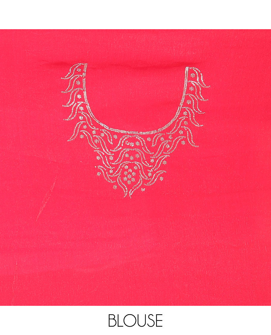 Rani pink plain fendy chiffon saree, scallop micro stone border, intricate stone work pallu, and a matching micro-stone blouse