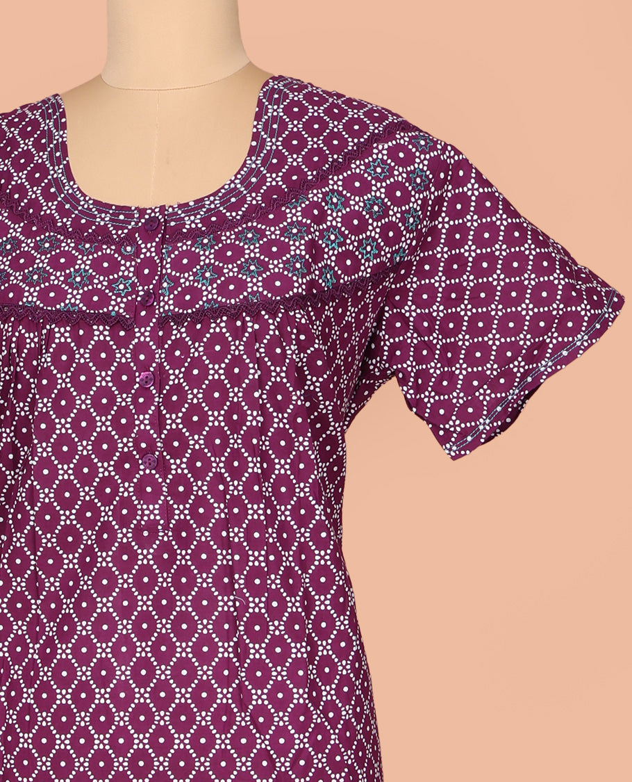 Purple Cotton Nighty Decked Up with Ogee Patterns Print, Featuring Lace Work, Round Front Neck, and Half Sleeves