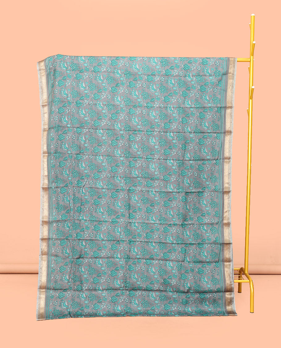 Grey Mul Mul Cotton Saree Featuring a Floral Print, a Subtle Traditional Border, a Floral-Printed Pallu, and a Matching Blouse