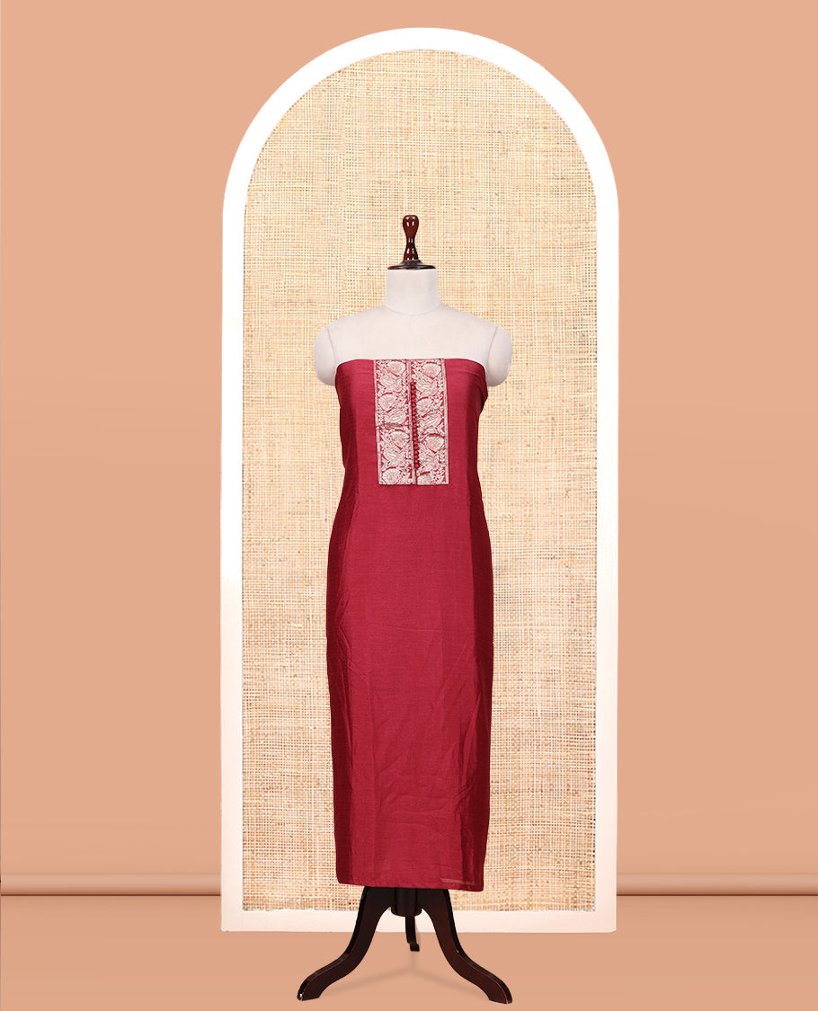 Onion Pink Material Churidar Set Features Gold Zari Neck Work Top, a Plain Santoon Bottom, a Banarasi Dupatta