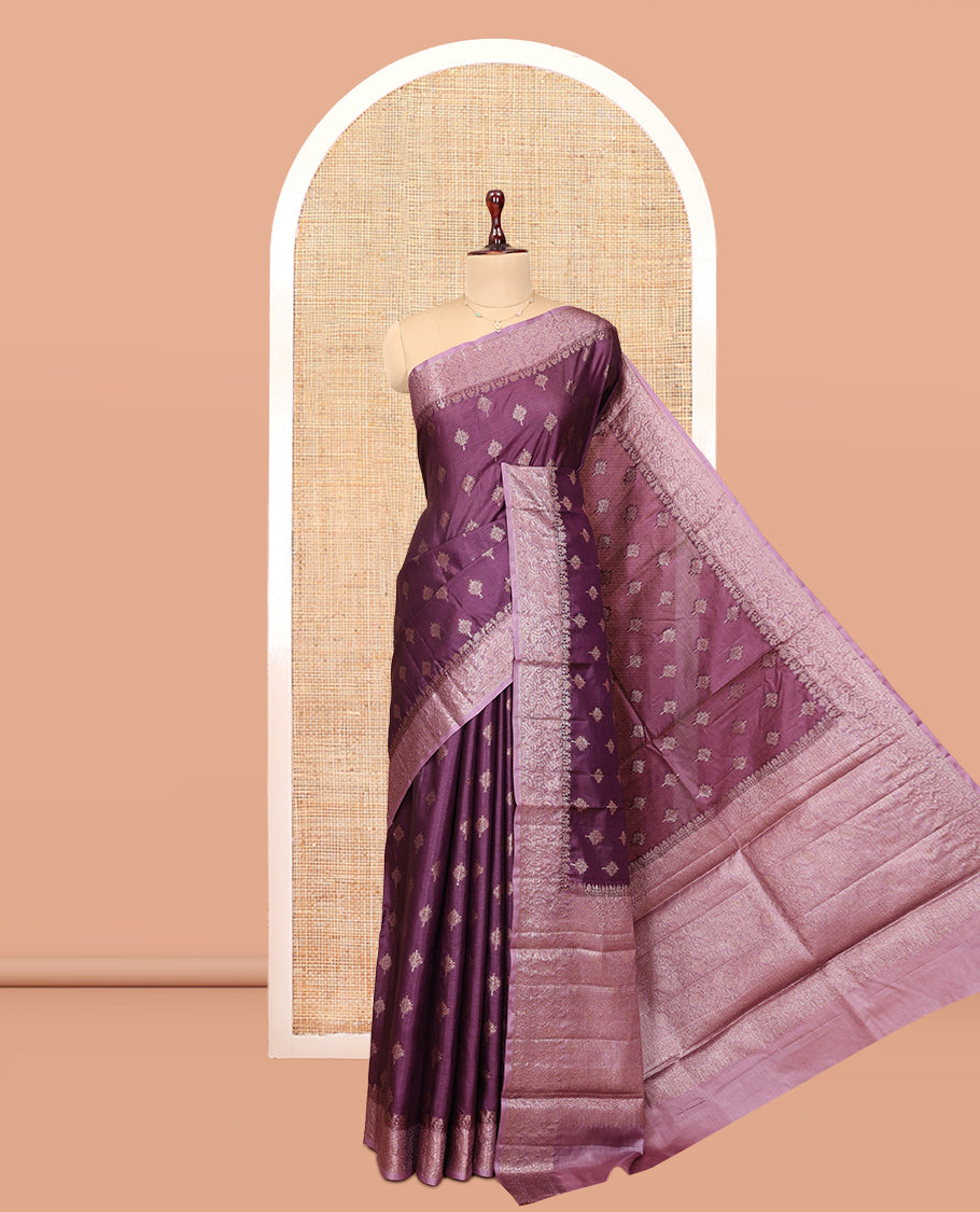 Dark Purple Tussar Silk Saree, Elevated with Zari Buttas, a Contrast Zari Border, Grand Pallu, and a Contrast Blouse