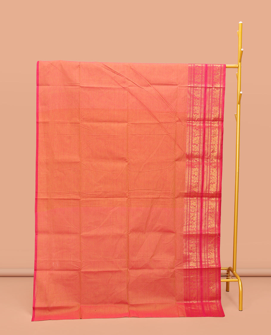 Orange Plain Chettinad Cotton Saree, Complemented by a Contrast Traditional Zari Design Woven Temple Border of Peacocks, Pallu of Stripes, and Paired with a Matching Blouse