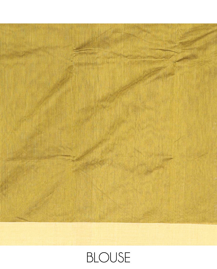 Olive green floral motifs chanderi cotton saree with contrast border & striped, floral design pallu