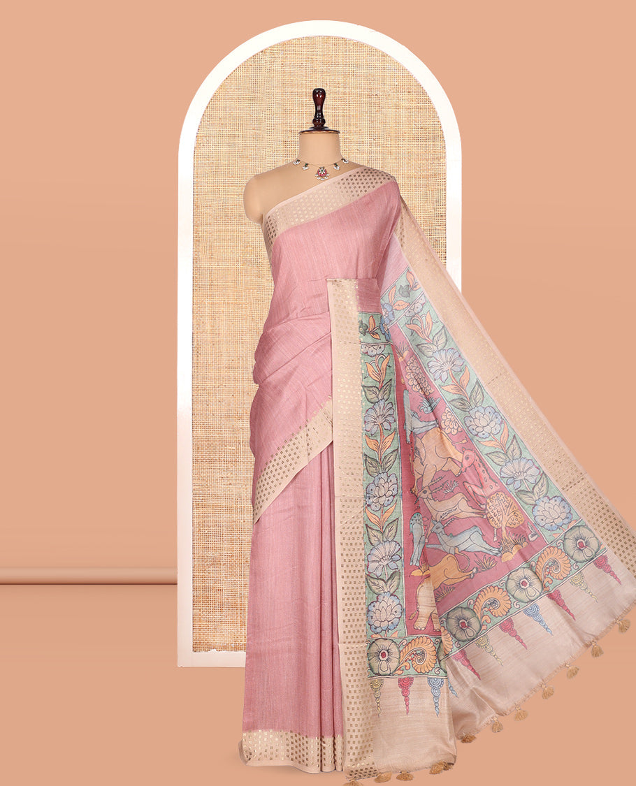 PInk Plain Fancy Tussar Silk Saree, Contrast Triangle Motif Border, Pallu of Kalamkari Animal Motifs, and Contrast Kalamkari Printed Blouse