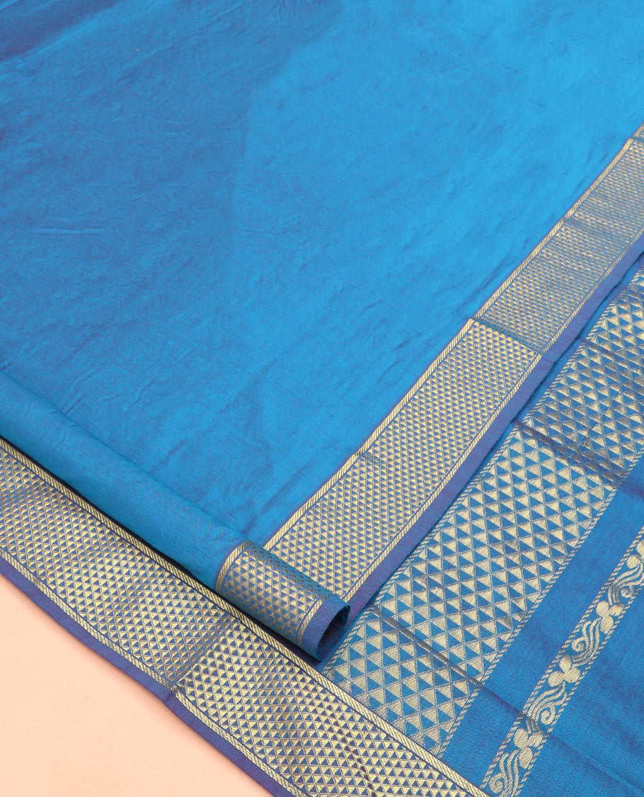 Blue Plain Nine Yard Cotton Saree, Complemented by Contrast Traditional Ara Maadam Design Border, Pallu of Ara Maadam Designs, and Comes Without a Blouse